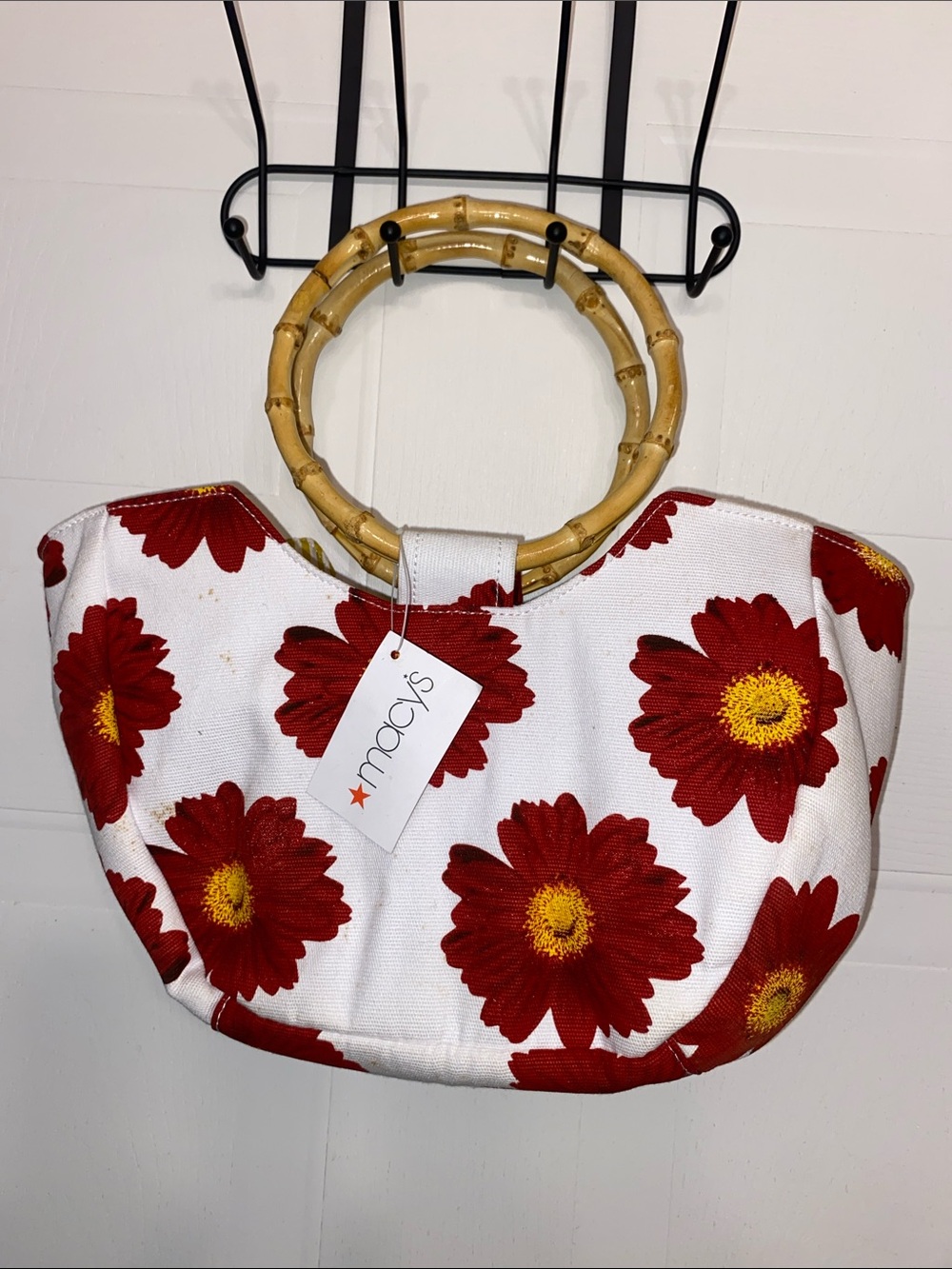 Macy's White Tote with Red Daisy Print and Bamboo Ring Handles